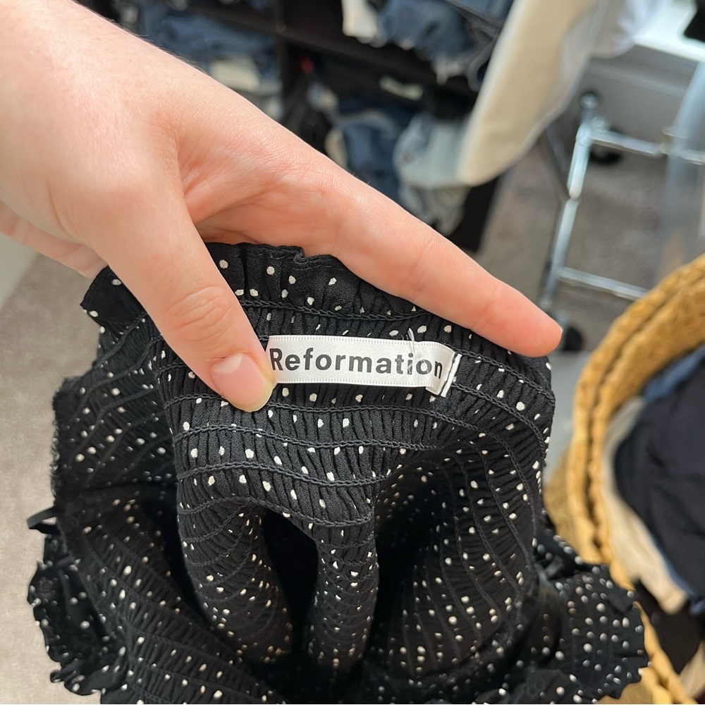 Reformation Elle Black White Polka Dot Puff Sleeve Smocked Mini Dress Size 6 - Picture 6 of 7